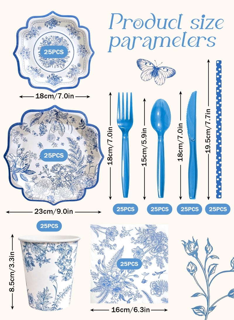 HomarKet 200PCS Disposable Dinnerware Set,25 Guest Party Supplies Dinner Set Include Paper Plates Napkin Cup Straw Plastic Spoon Fork Knive for Baby Shower,Wedding,Birthday (Flower) - Image 2